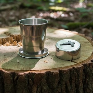 以下が含まれることがあります： ステンレス製の折りたたみ式カップと、鳥のエンブレムが付いた小さな丸い容器が切り株の上にあります。カップは折りたたまれており、小さなベースが付いています。容器は閉じられており、銀色の仕上げです。