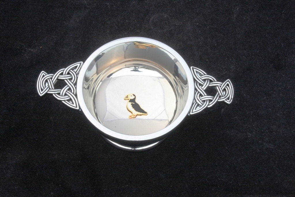 Puffin Enamel Quaich Scottish Drinking Bowl Pewter Stainless Steel 289 Puffin Enamel Quaich Scottish Drinking Bowl Pewter Stainless Steel 289