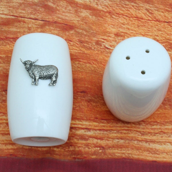 Highland Cow White China Salt and Pepper Shakers Modern Cruet Set CSP Fathers Day Gift 179