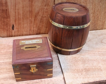 Personalised Wooden Money Box Chest Or Money Barrel With FREE engraving Fathers Day Gift mb