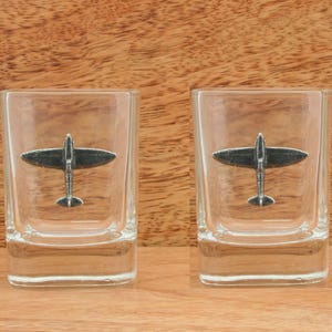Spitfire Pair Of Shot Glasses Crystal Plane Pilot Father&#39;s Day Gift 342 sg
