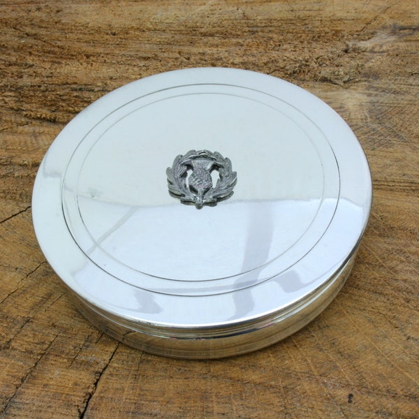 Scottish Icons Pewter Jewellery Trinket Round English Pill Box Burns Thistle Piper Gift ppb