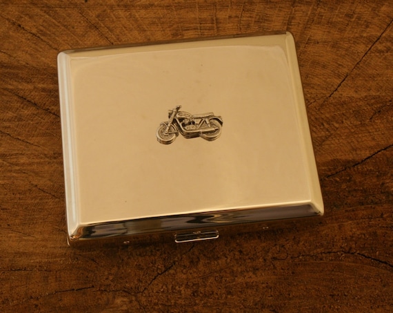 Vintage Motorbike Chrome Plated Large Cigarette Tin Case Biker Birthday  Gift Personalised Free Engraving 386