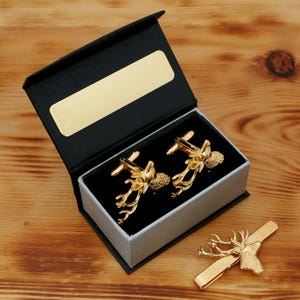 Handmade Gold Stag Cufflinks and Tie Slide Set - Engraved Gift Box Option