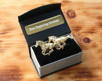 Horse Running Gold Plated Cufflinks UK Handmade Equestrian Father's Day Gift Custom Box