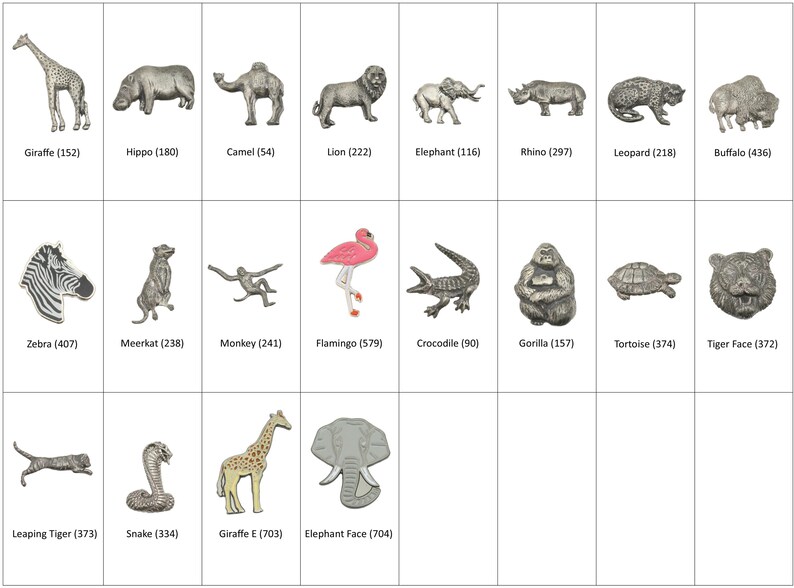 K&ouml;nnte beinhalten: Eine Sammlung von Metall-Anstecknadeln mit Tiermotiven, darunter eine Giraffe, ein Nilpferd, ein Kamel, ein L&ouml;we, ein Elefant, ein Nashorn, ein Leopard und ein B&uuml;ffel. Weitere Anstecknadeln sind ein Zebra, ein Erdm&auml;nnchen, ein Affe, ein Flamingo, ein Krokodil, ein Gorilla, eine Schildkr&ouml;te und ein Tigergesicht.