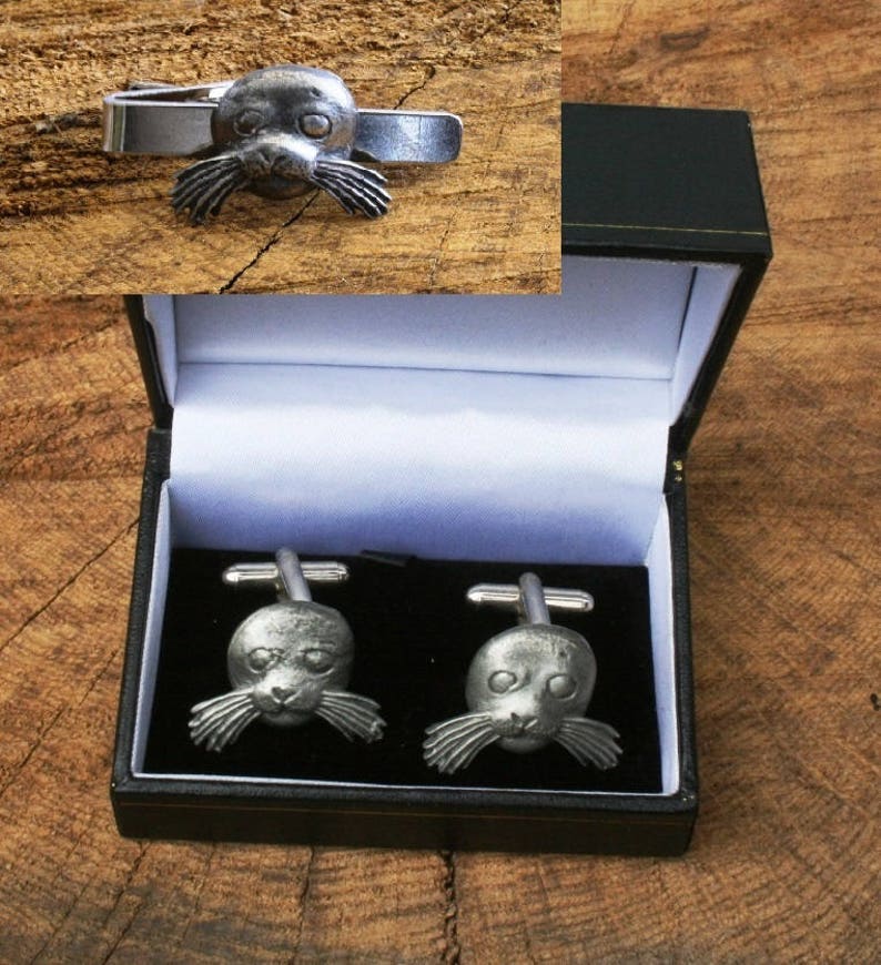 Sea Lion Cufflinks /& Tie Slide Clip Mens Sea Life Gift Set UK Pewter 317