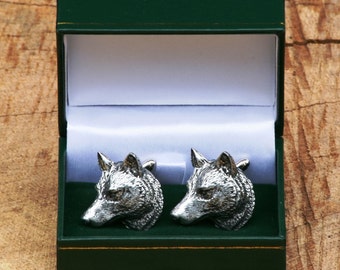 Coyote Dog Head Cufflinks Pewter UK Handmade Wildlife Fathers Day Gift 400 cu