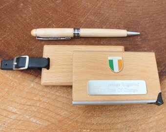 Irish Icons Luggage Tag Card Holder Ballpoint Pen Wooden Set Travel Label Personalised Free Engraving Shamrock Harp Celtic Jockey Gift lu