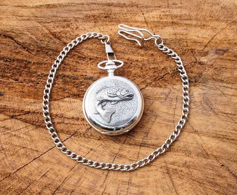 Trout Fish Design Pocket Watch Pewter Fathers Day Gift Boxed FREE engraving Fishing Present 378 pw image 1