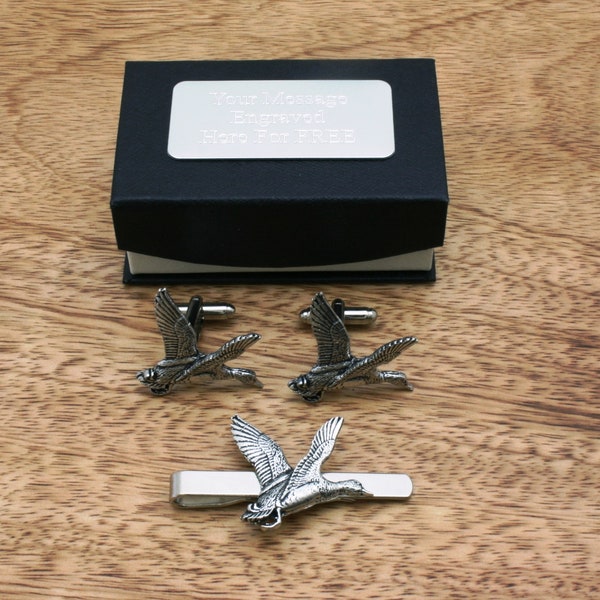 Mallard Cufflinks & Tie Clip Set Pewter UK Handmade In Gift Box Free Engraving Message Fathers Day pc