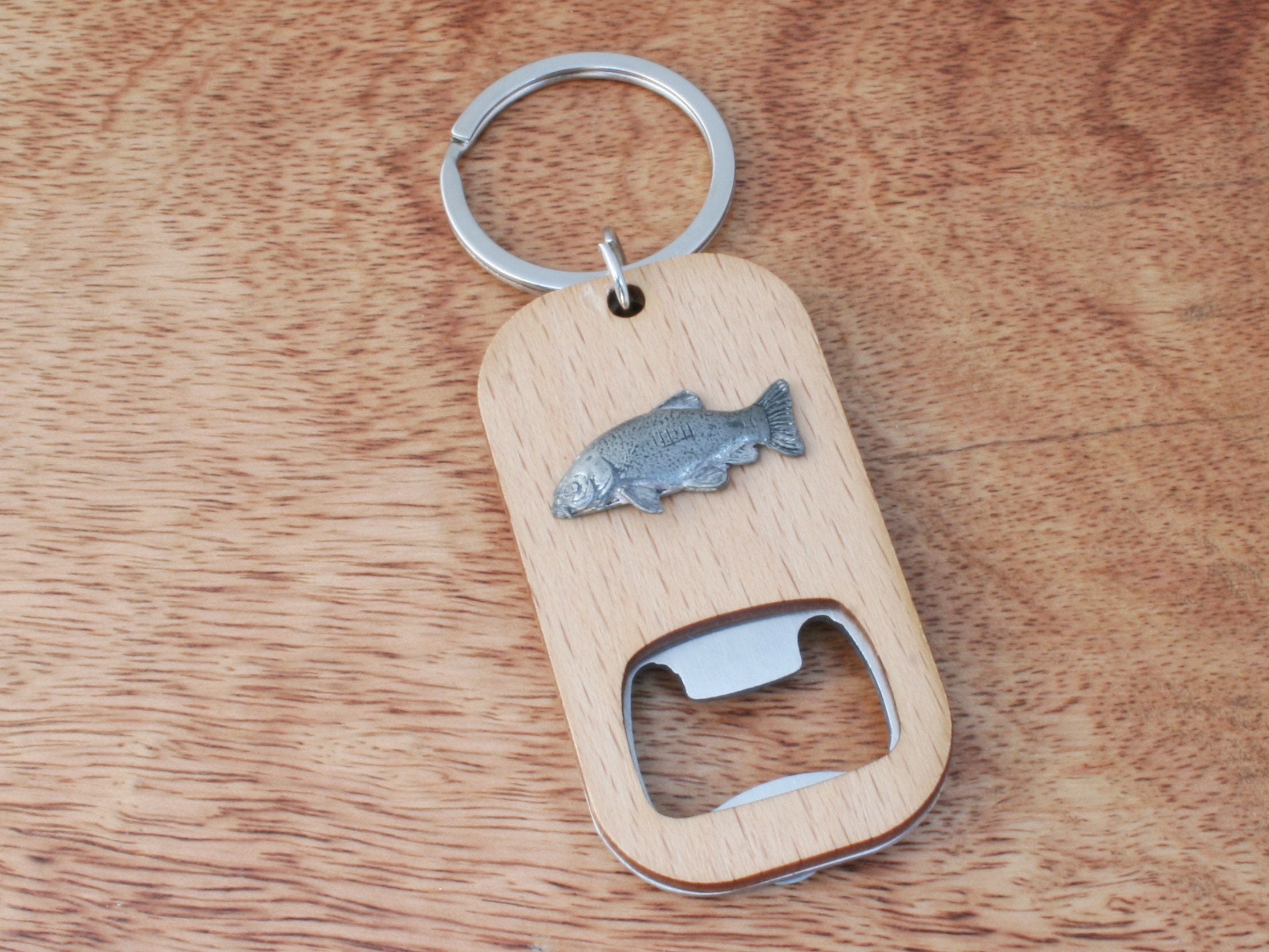 Fishing Themed Keyring Bottle Opener Wooden Stainless Steel Key Chain Carp Trout Bass Father's Day Gift kb
