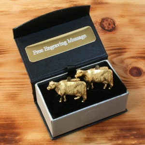 Beef Cow Gold Plated Cufflinks UK Handmade Farming Beef Father&#39;s Day Gift Engraved Box Option