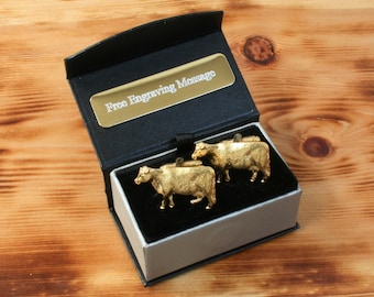 Beef Cow Gold Plated Cufflinks UK Handmade Farming Beef Birthday Gift Engraved Box Option