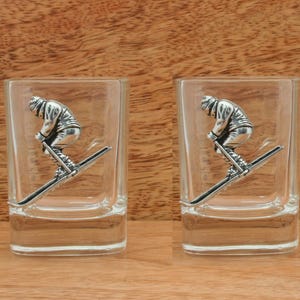Pair of Skier Downhill Shot Glasses Crystal with Pewter Motifs Ideal Father's Day Gift 333 sg