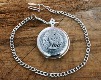 Coyote Dog Full Moon Pocket Quartz Watch Pewter Free Engraved Father's Day Gift Boxed 501 pw