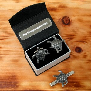 Turtle Cufflinks & Tie Clip Set Pewter UK Handmade In Birthday Gift Box Personalised Free Engraving Message tbc