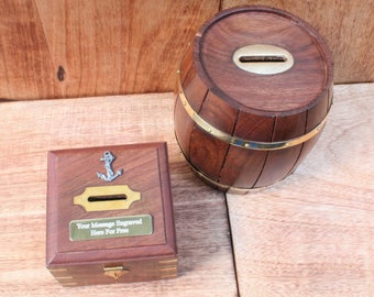 Pirates Wooden Money Box Chest Or Money Barrel With Free Engraving Ship Cannon Skull Gift mb