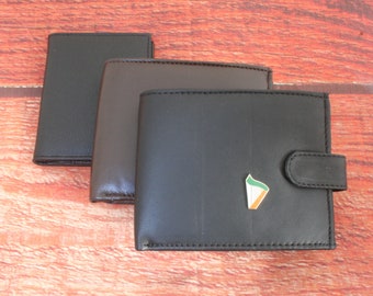 Irish Icons Leather Wallet Black and Brown Or Card Holder Mens Shamrock Harp Celtic Jockey Christmas Birthday Gift wch