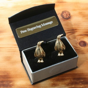 Penguin Gold Plated Cufflinks UK Handmade Bird Father's Day Gift Custom Box