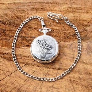Stag Head Design Pocket Watch Pewter Father&#39;s Day Gift Boxed Personalised Free Engraving  Stag Hunting Present 347 pw