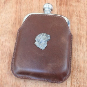 Petaca de peltre de 4 oz para riñones de Gundogs, bolsa de cuero marrón, personalizada, grabado gratuito, Labrador Spaniel Pointer, regalo para el Día del Padre