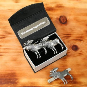 Moose Cufflinks & Tie Clip Set Pewter UK Handmade In Father&#39;s Day Gift Box Personalised Free Engraving Message tbc