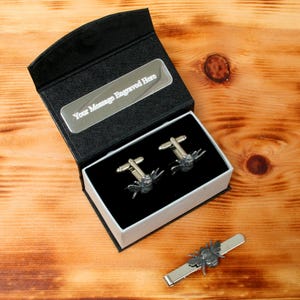 Bee Cufflinks & Tie Clip Set Pewter UK Handmade In Father&#39;s Day Gift Box Personalised Engraving Message 27 tbc