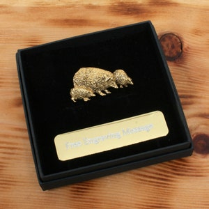 Hedgehog Family Gold Plated Pin Lapel Badge Wildlife Father&#39;s Day Gift Engraved Box