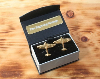 Gemelos chapados en oro Spitfire, hechos a mano en el Reino Unido, para piloto de caza de la Segunda Guerra Mundial, regalo de cumpleaños, caja personalizada.