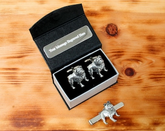 Bulldog manchetknopen en dasspeld set tinnen VK Handgemaakt in verjaardagscadeaudoos Gepersonaliseerde gratis gravure Bericht 47 tbc