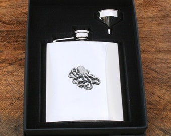 Octopus Hip Flask 6 oz Stainless Steel FREE engraving   Sea Life Fathers Day Gift 248 hf