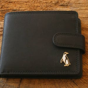 Cartera de piel de pingüino esmaltado, piel marrón o negra, pájaro de nieve, regalo para el Día del Padre, 265 wch
