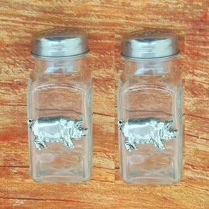 May include: Two clear glass salt and pepper shakers with silver tops and a pewter pig figurine on the front of each.