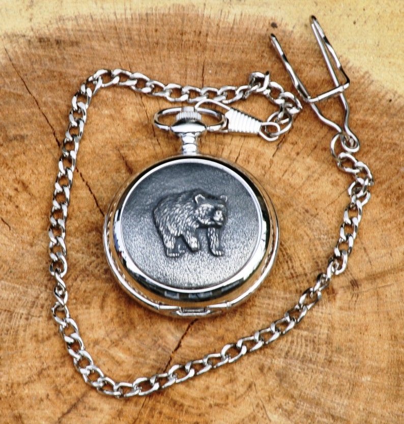 Bear Pocket Watch Collectable Pewter Engraved Fathers Day Gift 026 pw image 1