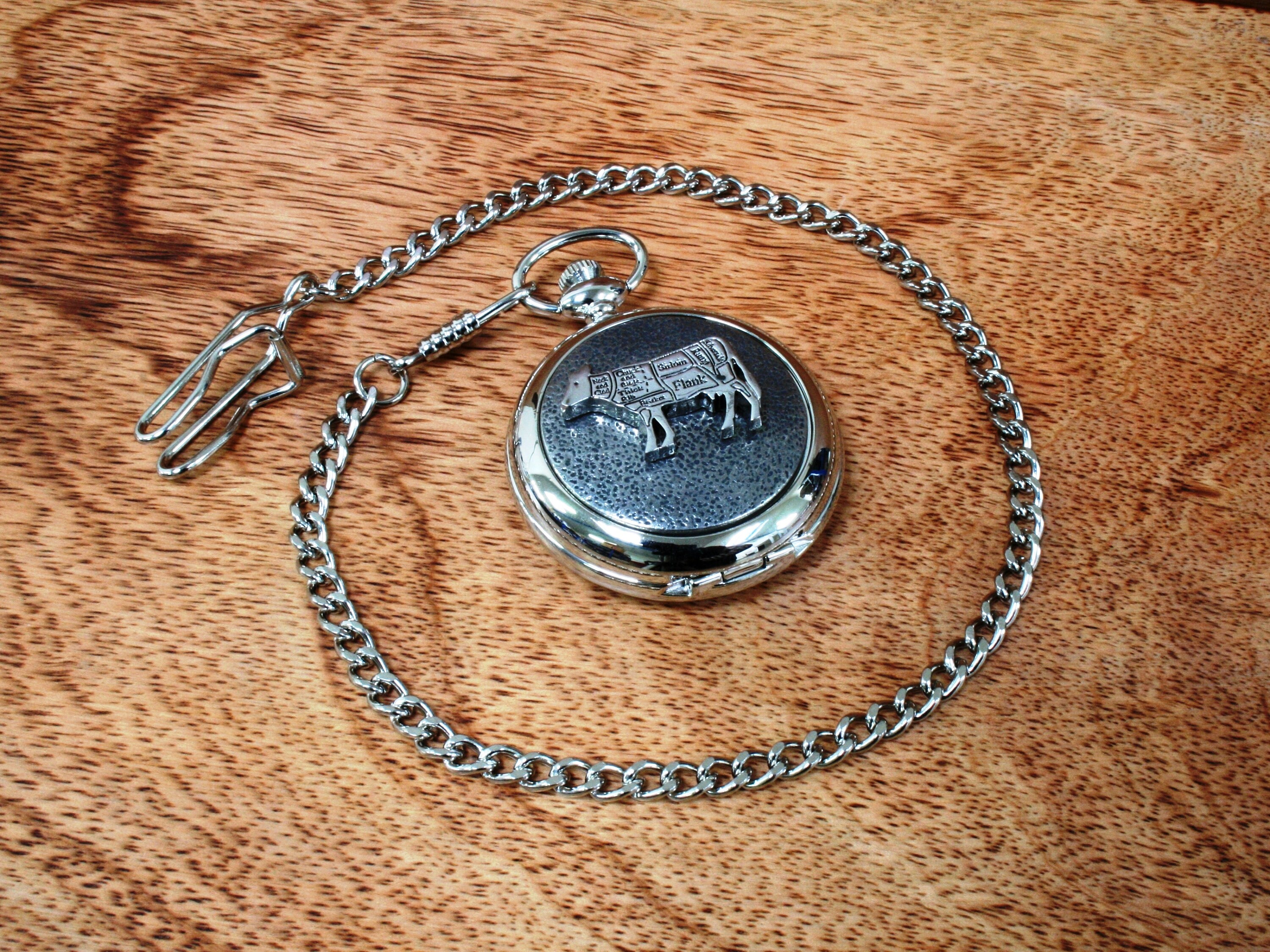 Butchers Animals Pocket Watch and Chain Pewter Fronted Quartz