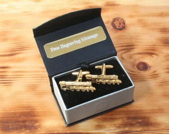 Boutons De Manchette Vintage - Locomotive Train - Or Et Noir Sur Blanc - Occasion
