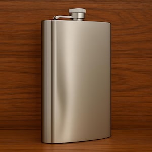 Könnte beinhalten: Eine Edelstahl-Flachmann mit gebürsteter Metalloberfläche. Der Flachmann hat eine gebogene rechteckige Form und einen Schraubverschluss mit einem kleinen Schwenkarm. Der Hintergrund ist eine Holzoberfläche.