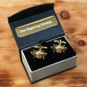 Bee Gold Plated Cufflinks UK Handmade Beekeeper Wildlife Father&#39;s Day Gift Engraved Box Option