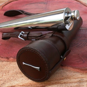 Hunting Horn Design Saddle Flask and Leather Case Horse Riding Fox Hunting Spirit Liquor Flask 10 Oz Black, Brown or Pink   Gift 193