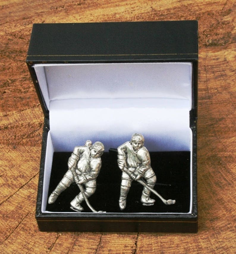 Ice Hockey Player Cufflinks Pewter UK Handmade Fathers Day Gift 195 cu image 1