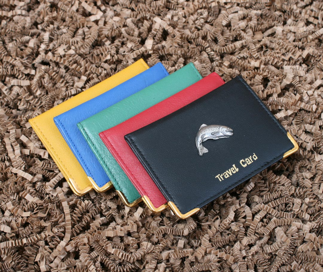 Boat Sticker Wallet Fishing Themed Bus & Train Pass Wallet ID Holder in Black Leather Carp ...