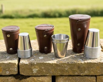 Shotguns and Rifles 4oz Stacking Stirrup Cups In Leather Case 4 or 1-10 Numbered Shooting Birthday Gift