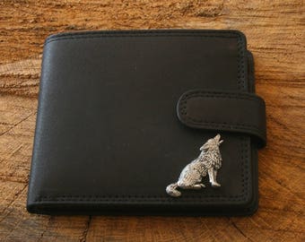 Howling Coyote Dog Leather Wallet Brown or Black Leather Coyote Dog Secret Santa Gift 399 wch