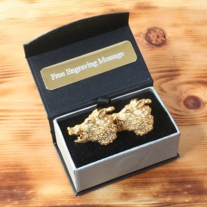 Wild Boar Head Gold Plated Cufflinks UK Handmade Hog Hunting Father&#39;s Day Gift Custom Box
