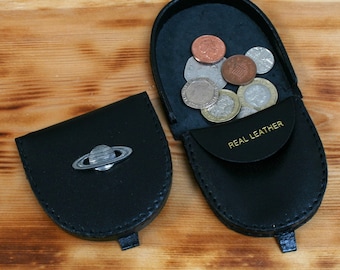 Space & Rockets Coin Purse Black or Brown Leather Change Pouch Wallet Shuttle Earth Saturn Gift