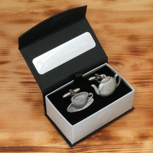 Spinki do mankietów w kształcie filiżanki i czajniczka, cyna, UK, ręcznie robiony prezent urodzinowy dla pijących herbatę, 363 cu