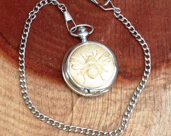 Bee Honey Bumble Design Pocket Watch Gold Plated Father's Day Gift