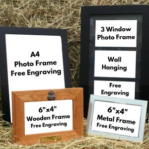 Op de afbeelding: Drie verschillende fotolijsten, een zwarte A4-lijst, een bruine houten lijst van 15,24 x 10,16 cm en een zilveren metalen lijst van 15,24 x 10,16 cm. Alle lijsten hebben witte passe-partouts en bieden gratis gravering.