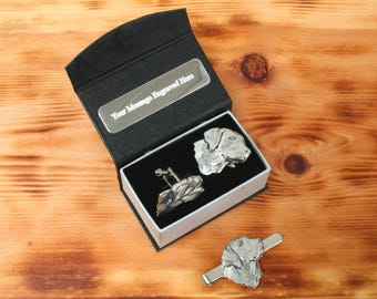 Labrador Head Cufflinks & Tie Clip Set Pewter UK Handmade In Birthday Gift Box Personalised Free Engraving Message tbc